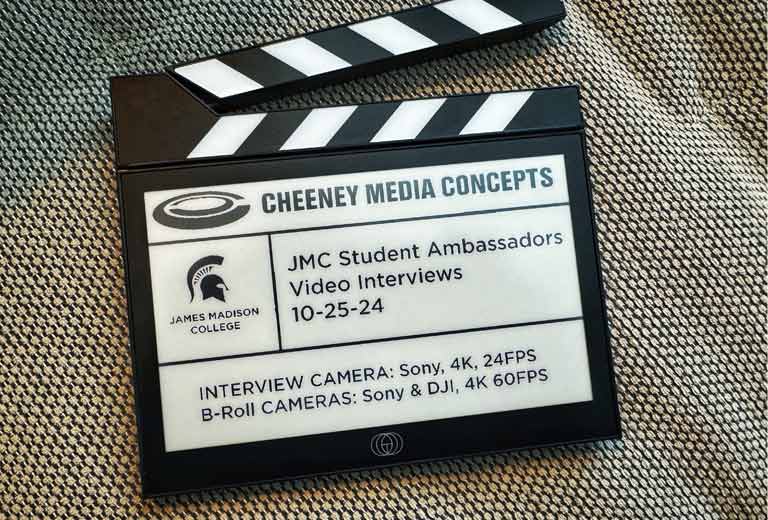 James Madison College shoot Cheeney Media Clapboard